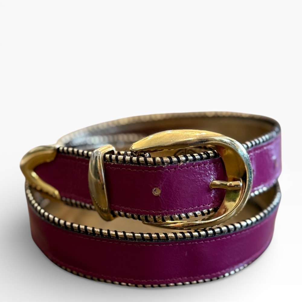Pellaeri‎ Italy Leather Belt Magenta Wide Gold Buckle Whipstitch M